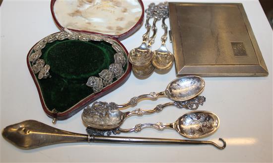 Silver marcasite bracelet, cigarette case, spoons etc